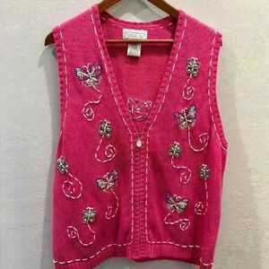 Mandal Bay Vintage Pink Sweater Vest Butterflies XL Ramie Cotton